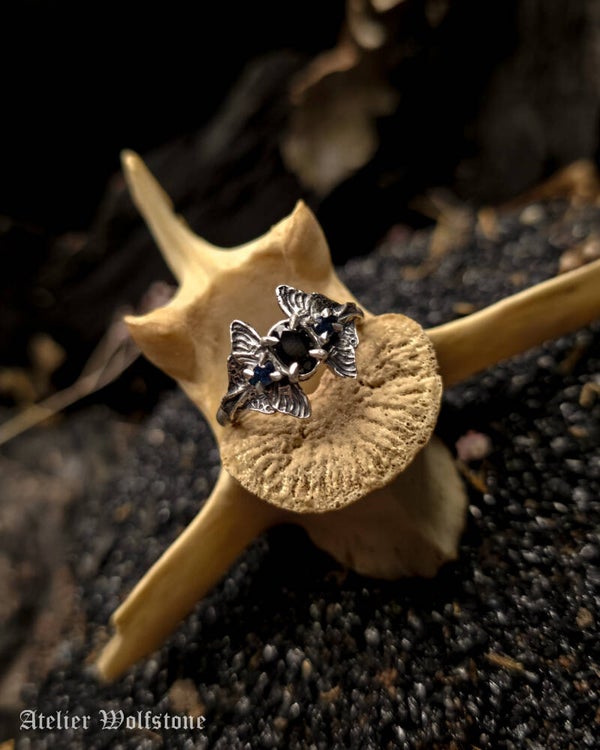 Midnight Moth | One of a Kind Ring | size 17 | black zirc & sapphire | Curiosity Cabinet