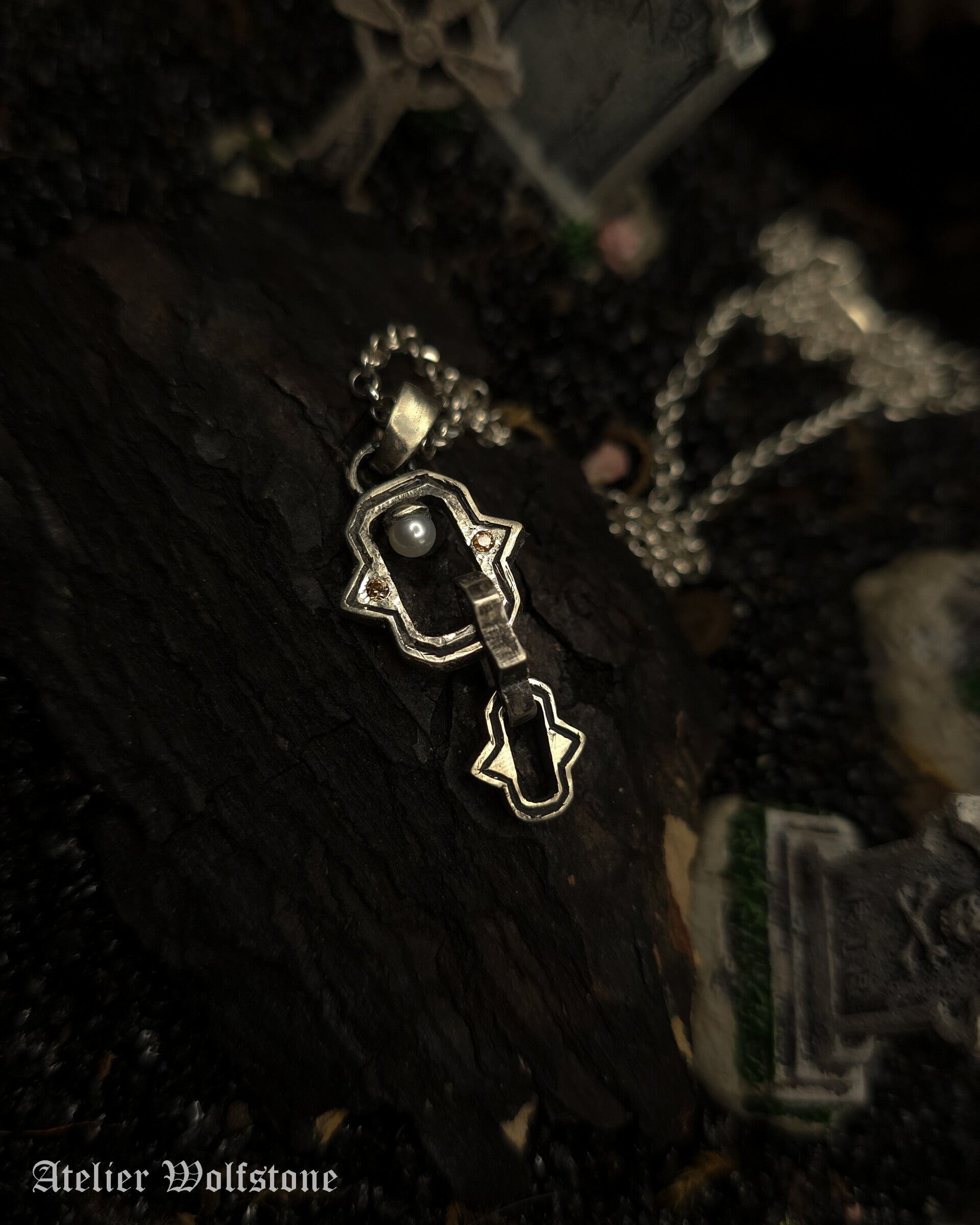 The Graveyard Chain Pendant | One of a Kind | Champagne Zirconia & Freshwater Pearl | Curiosity Cabinet