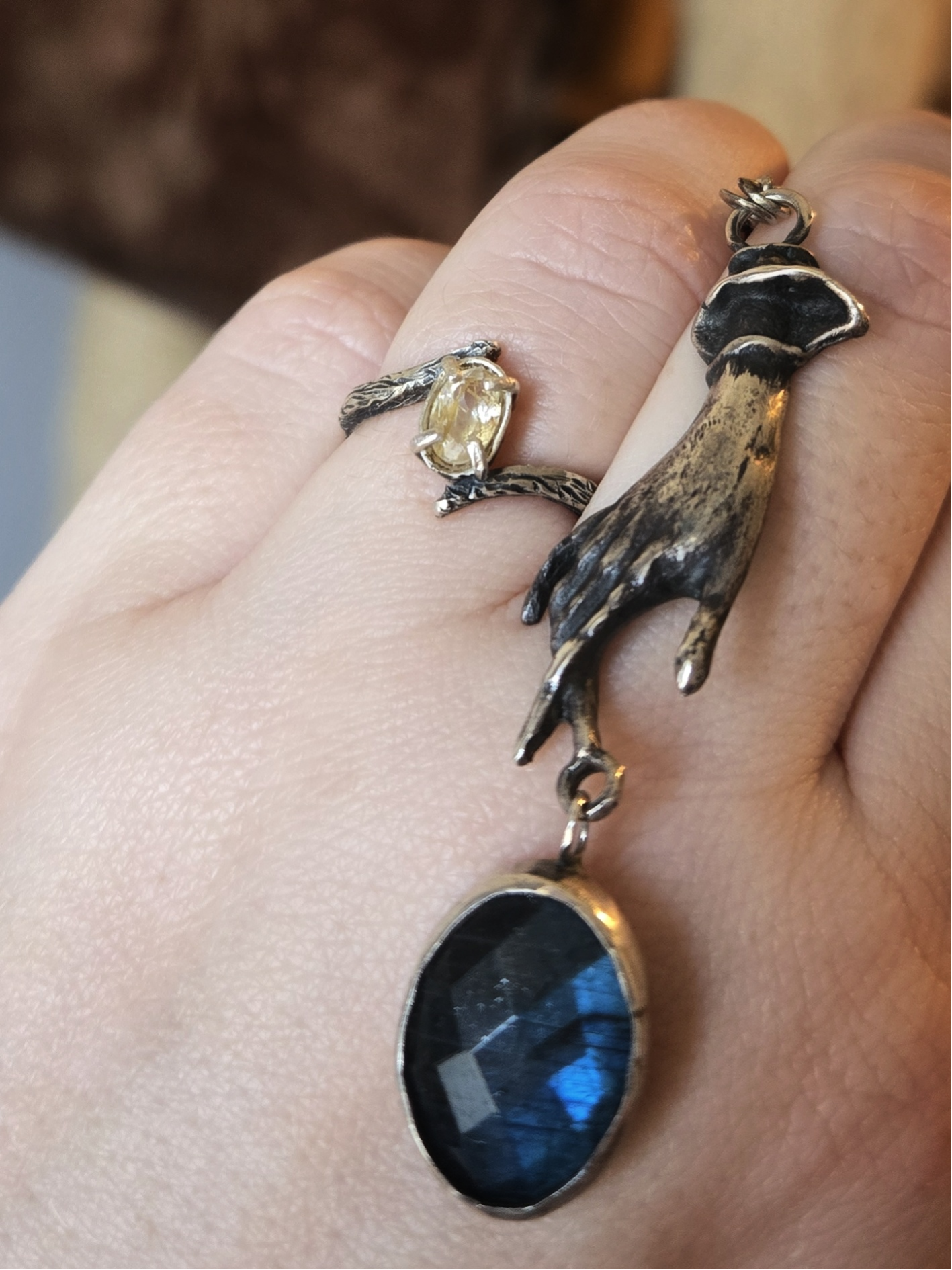 Mourning hand pendant with labradorite shield, memento mori jewelry in sterling silver