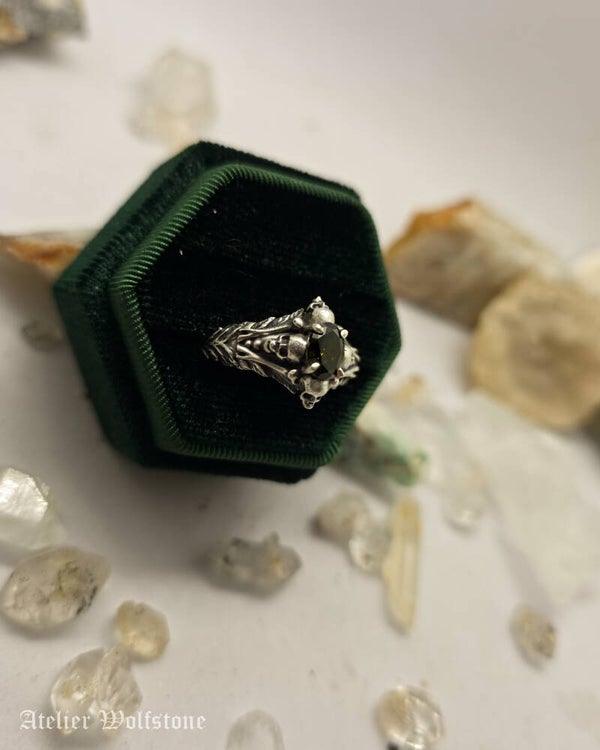 Memento Mori | Ready to Send Ring | size 18 | olive green zirconia | Curiosity Cabinet
