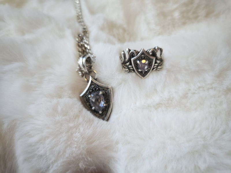 Shield ring and gemstone pendant in handmade gothic sterling silver