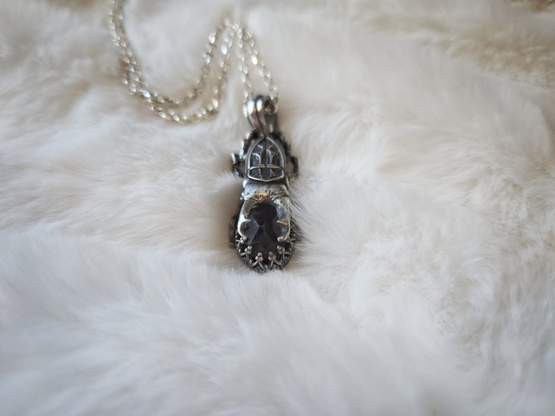 Garnet stag beetle pendant, gothic naturalist jewelry handmade in sterling silver