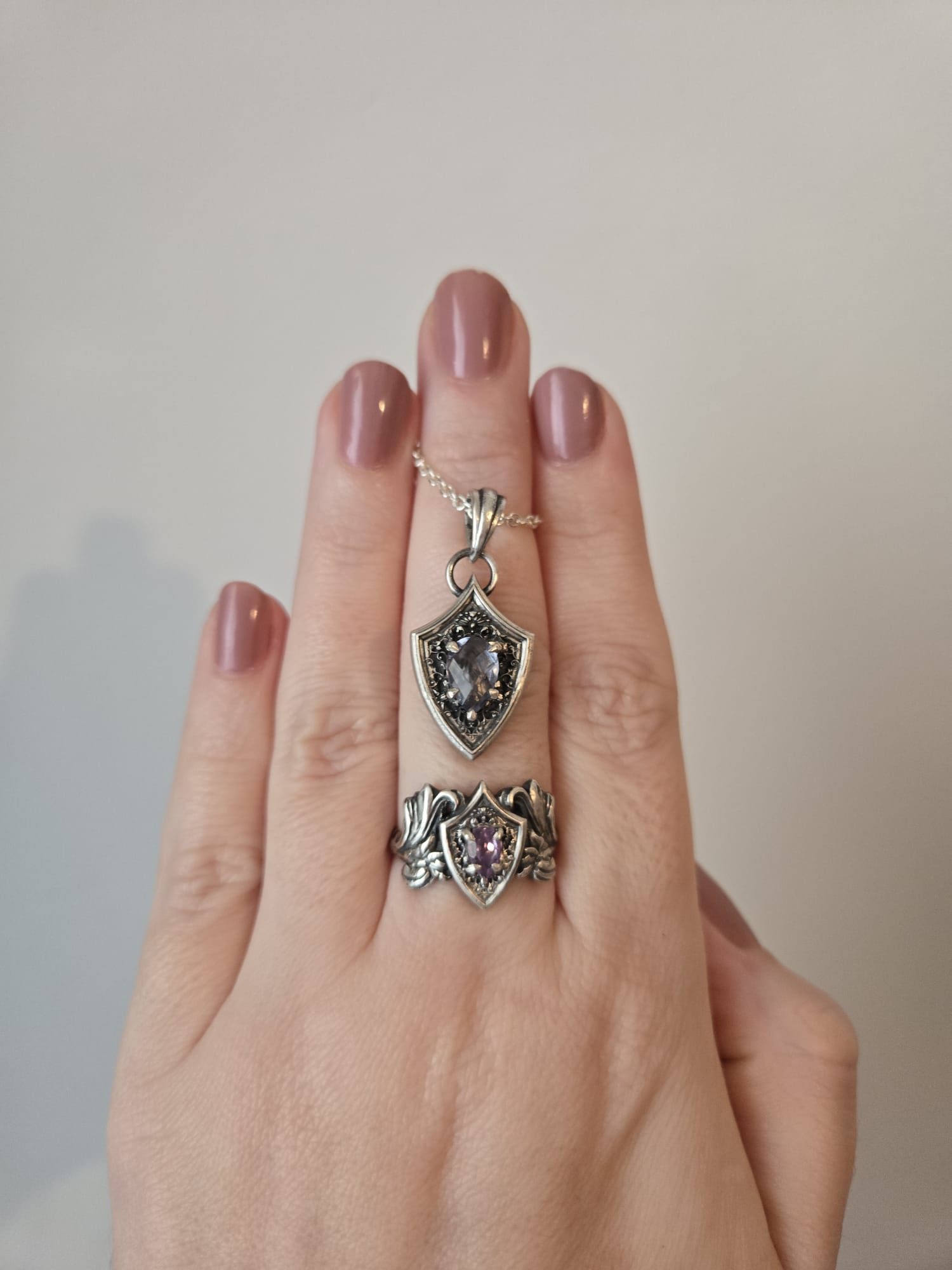Shield ring and gemstone pendant in handmade gothic sterling silver