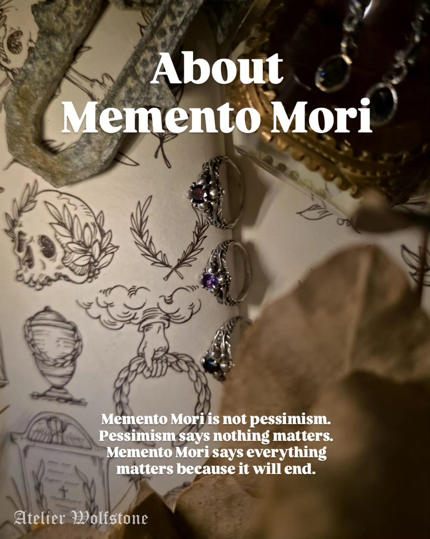 Handmade sterling silver memento mori rings with dark gemstones resting on antique engravings of skulls, urns and tomb symbolism