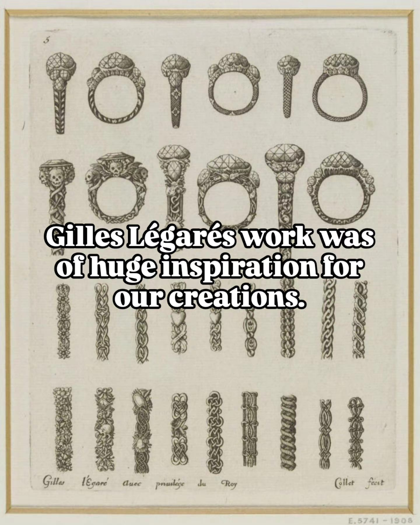 Seventeenth century Gilles Légaré engraving of skull rings and bracelet designs from Livre des ouvrages d'orfèvrerie, 1663