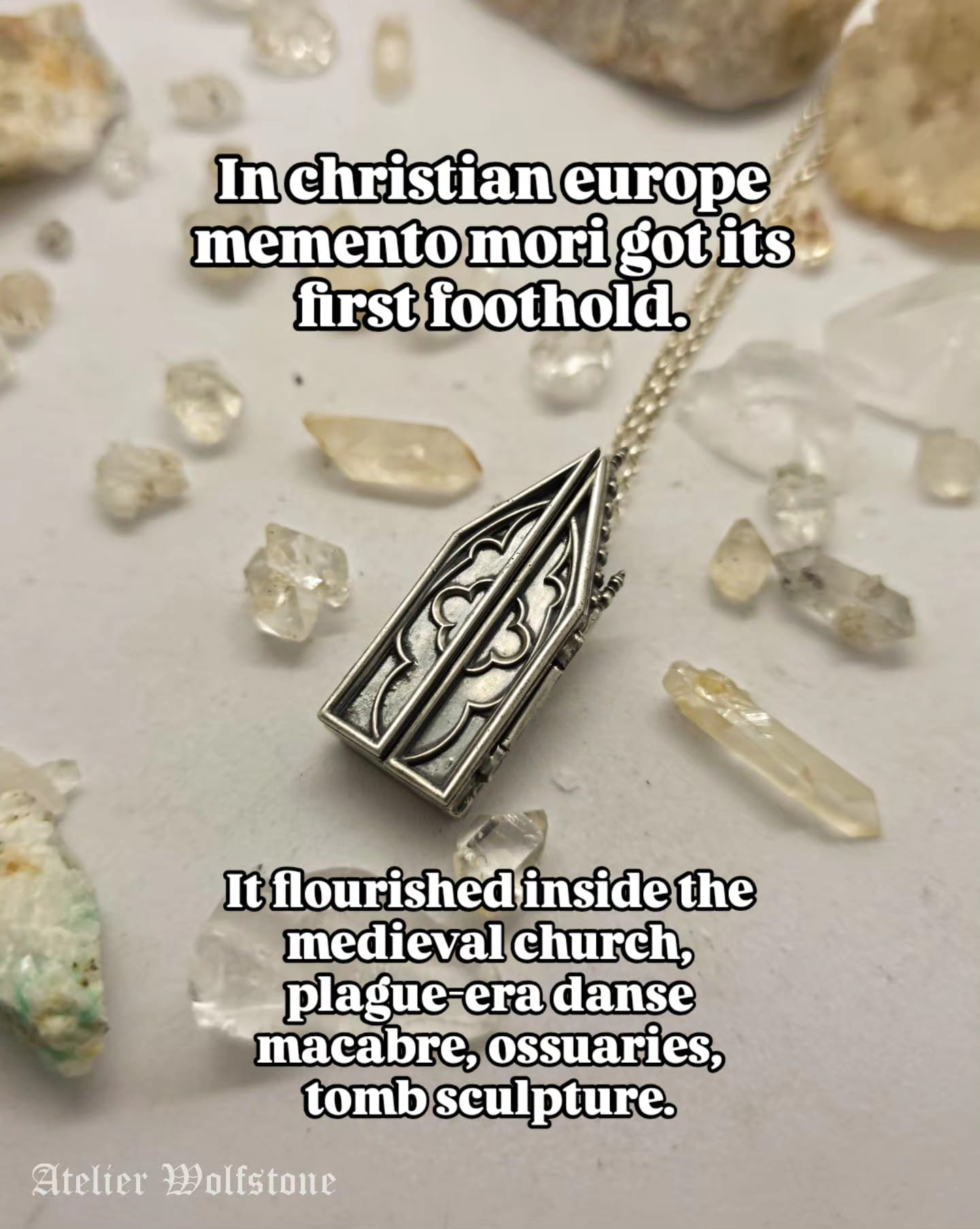 Gothic arch shaped silver locket pendant with tracery detail, memento mori jewelry handmade in the Netherlands
