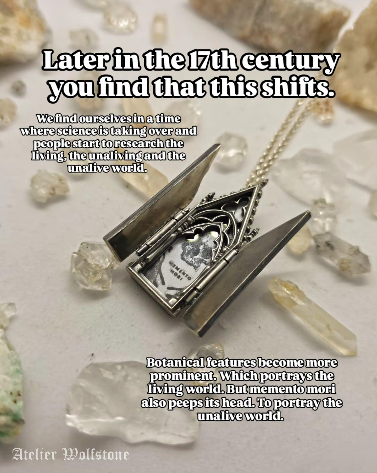Gothic silver locket opened to reveal a skull and the words memento mori inside carved tracery