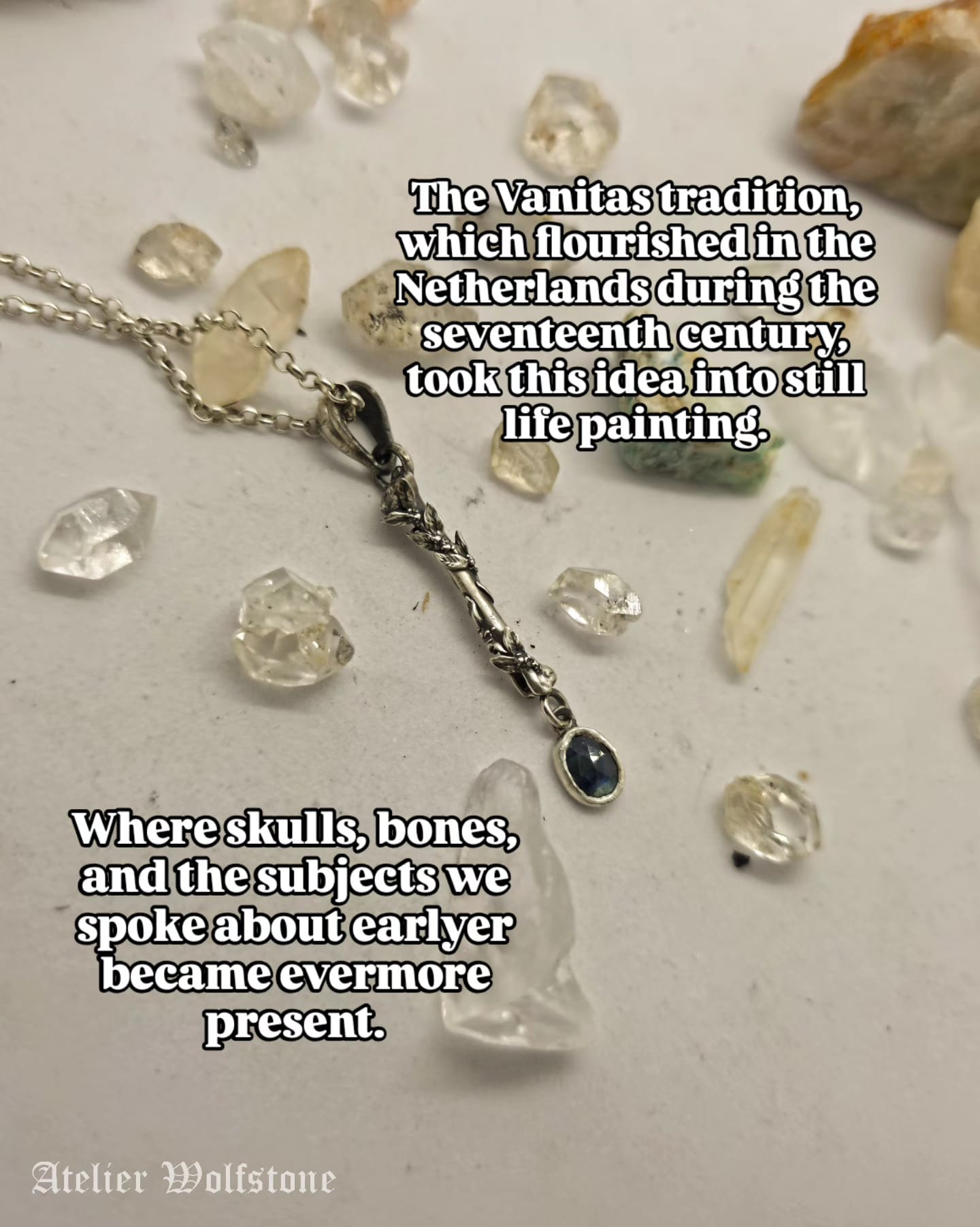 Sterling silver branch pendant with a blue stone, handmade gothic naturalist jewelry inspired by vanitas still life