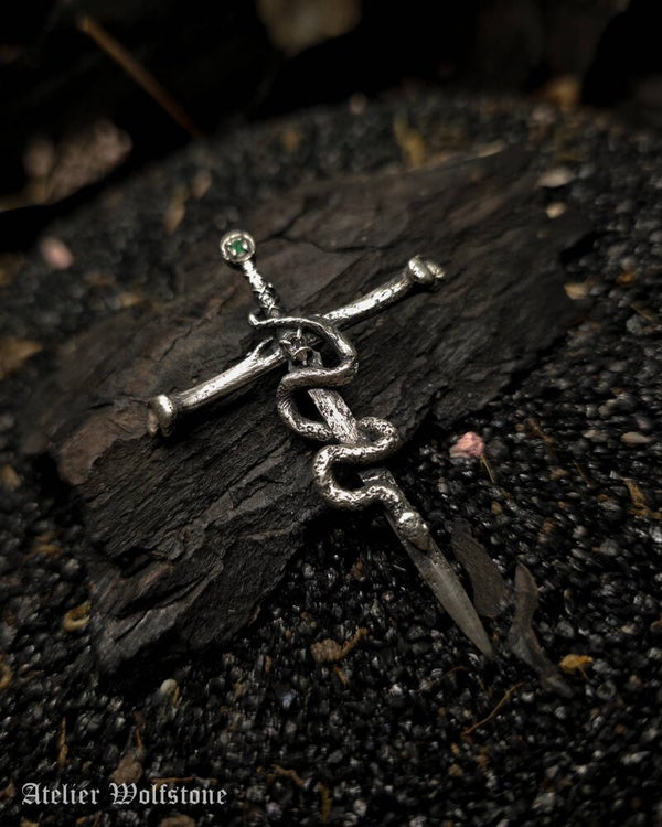 The Dark Sword | One of a Kind pendant | emerald & quartz | Nox Ex libris