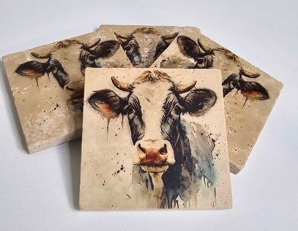 Cow design stone coaster x 2