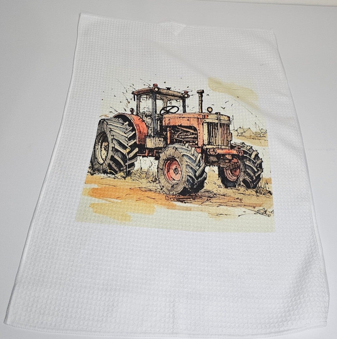 Red tractor waffle Tea towel