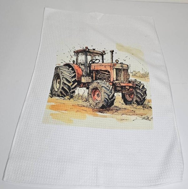 Red tractor waffle Tea towel