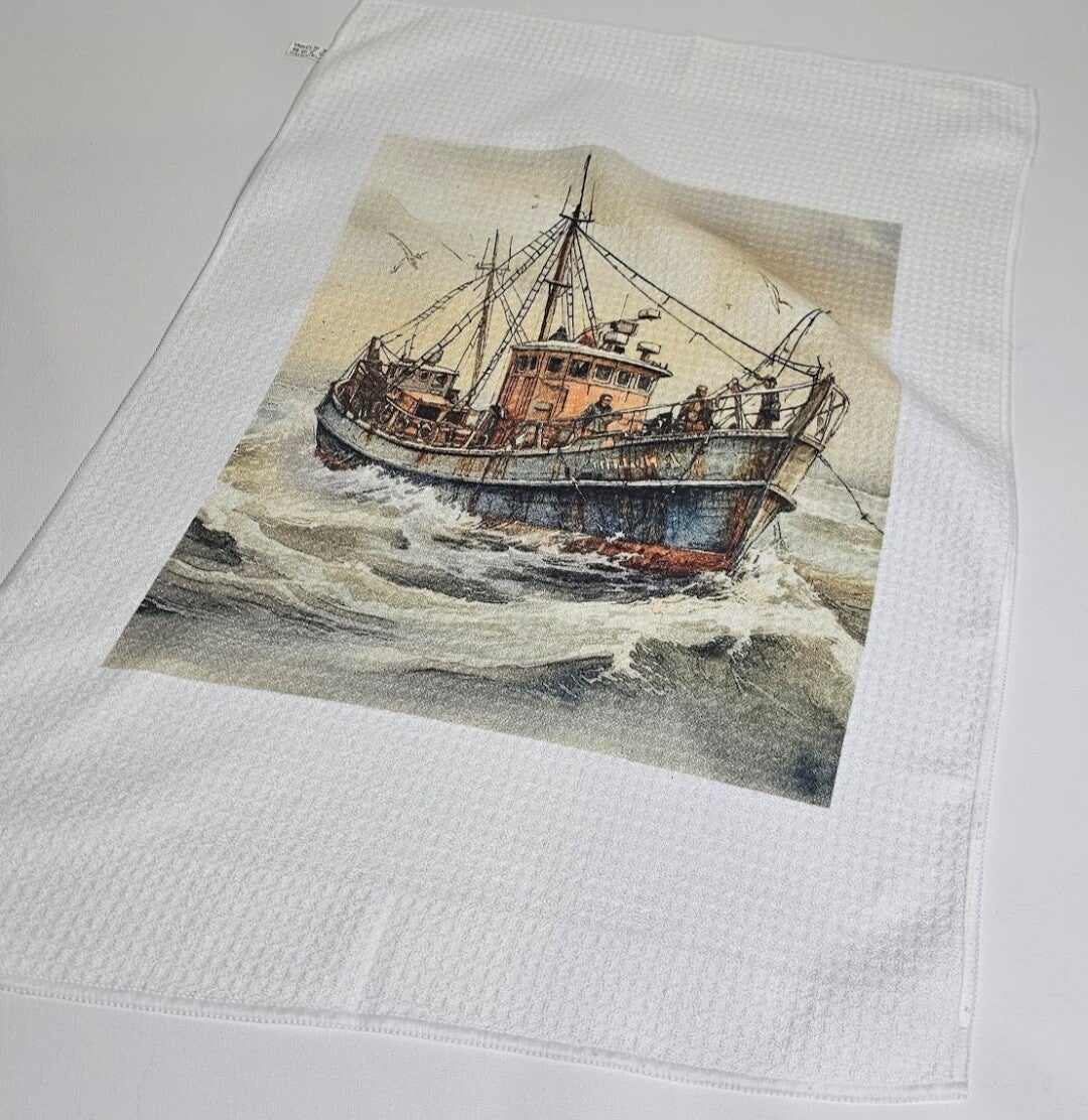 Fishing boat waffle tea towel