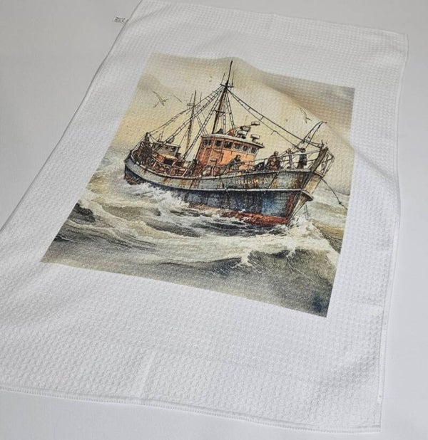 Fishing boat waffle tea towel