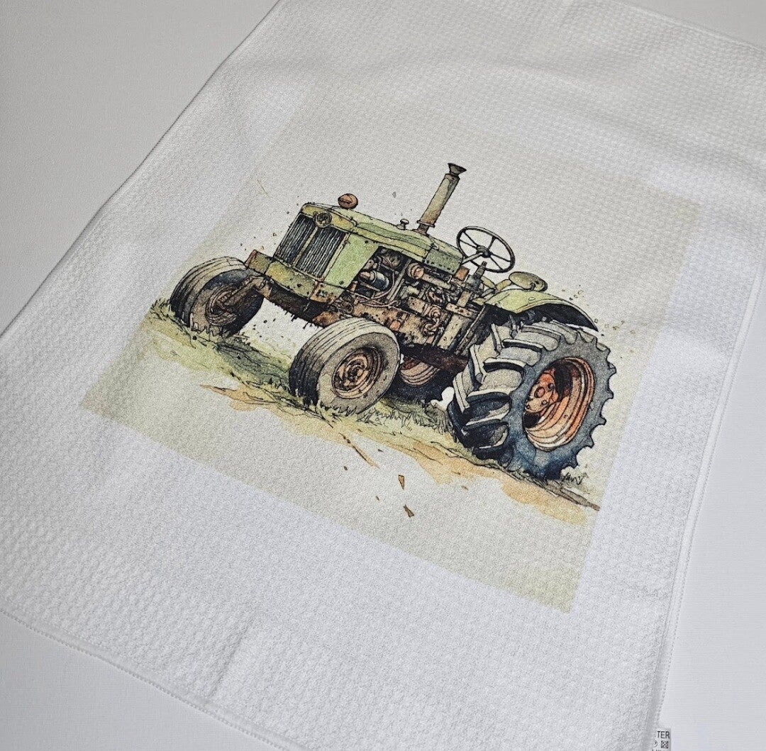 Green tractor waffle tea towel