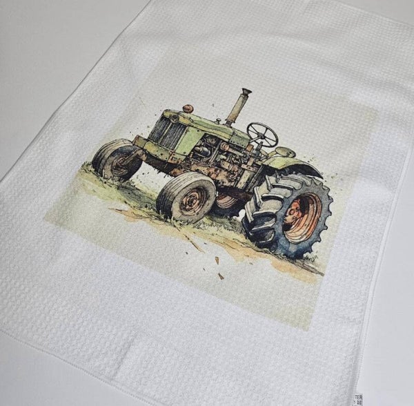 Green tractor waffle tea towel