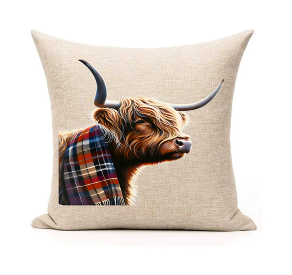 Tartan Highland cow cushion