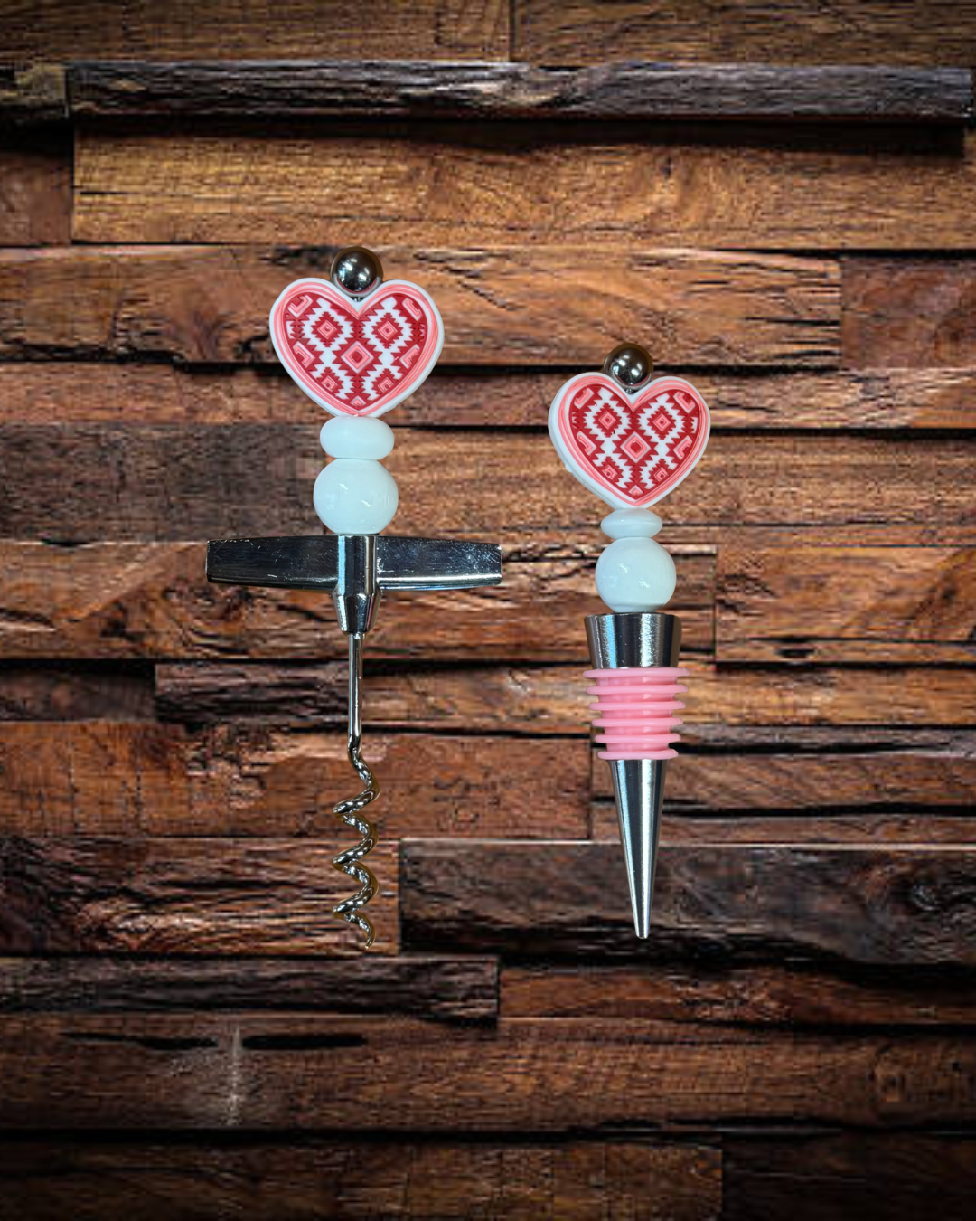 Pink Hearts Wine Stopper and Bottle Opener