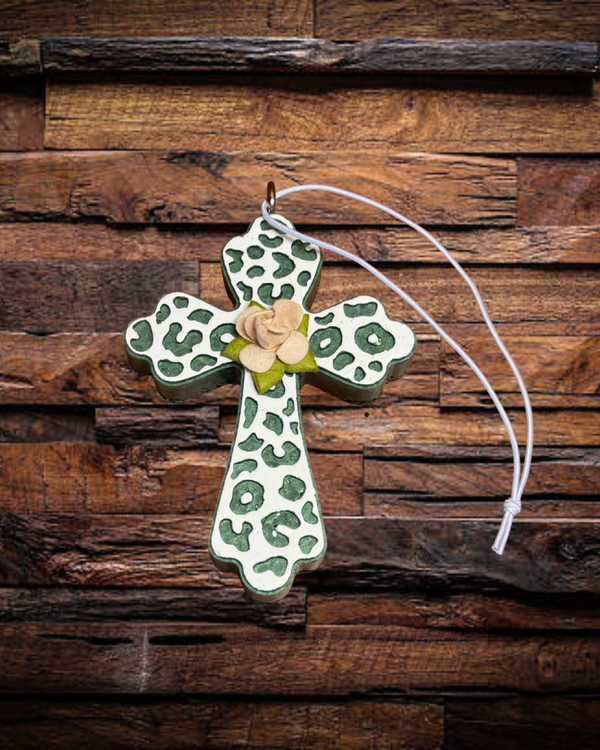 Green Floral Cross Freshie - Sweet Snow Scent