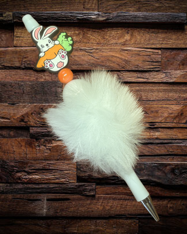 White Fuzzy Easter Bunny with Carrot Pen