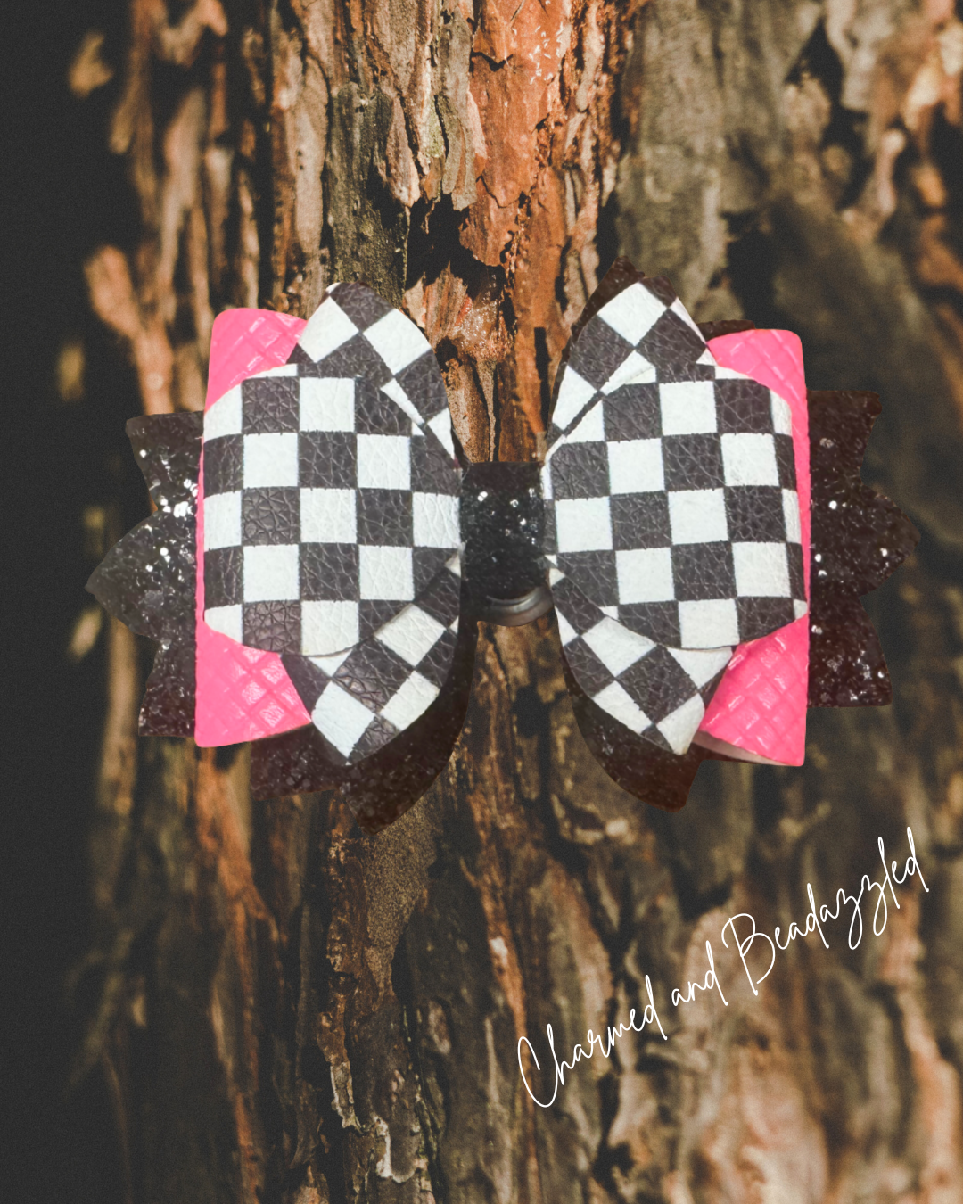 Black/White/ Hot Pink Checkered Large Bow Straw Charm