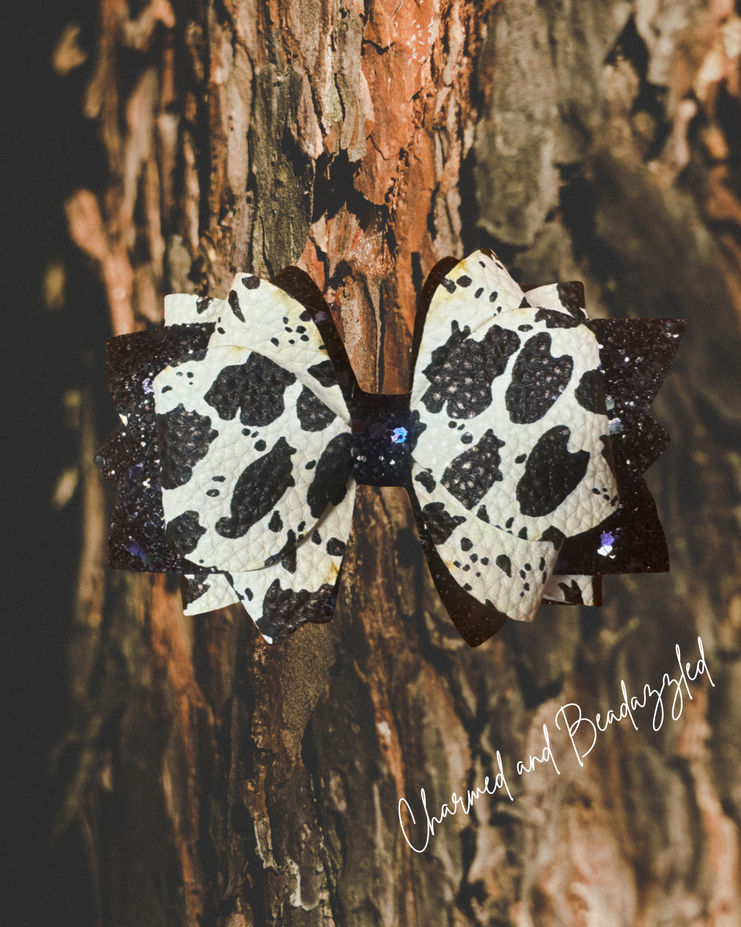 Black Cowhide Large Bow Straw Charm