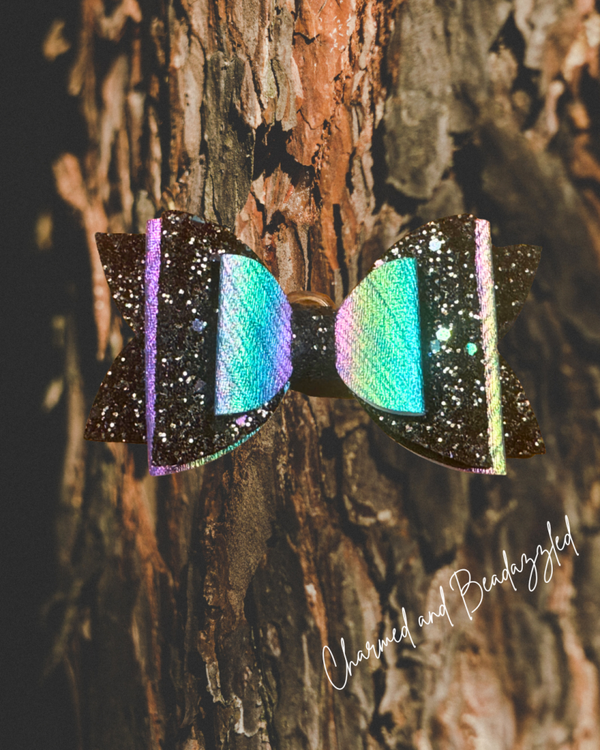 Teal/Purple/Black Shimmer Large Bow Straw Charm