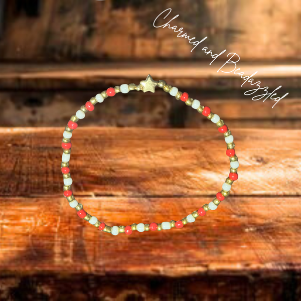 Red and White Tumbler Bracelet with Golden Star