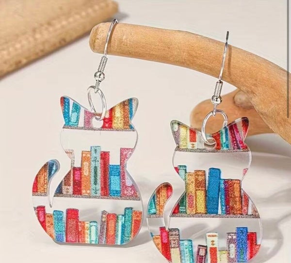 Cat and Books Acrylic Earrings