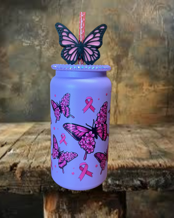 Cancer Awareness Purple & Pink Butterflies 16 oz Stainless Steel Tumbler