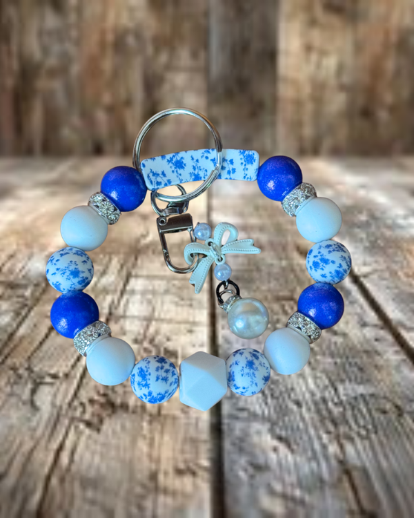 Blue Floral Keychain Wristlet