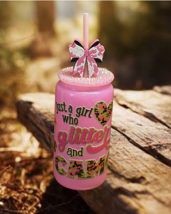 Glitter and Camo Pink 16 oz Glass Tumbler