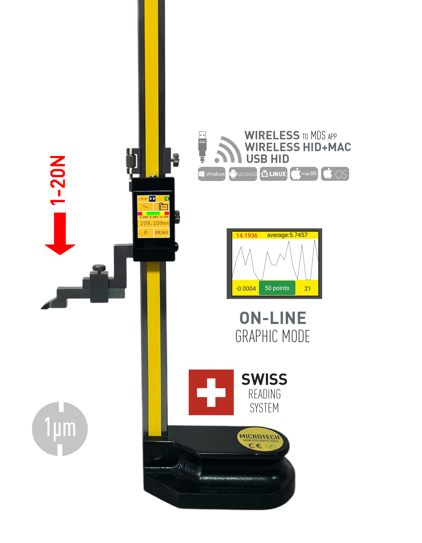 Digital Height Gage with Touch Screen | Force Control Precision Measuring Tool