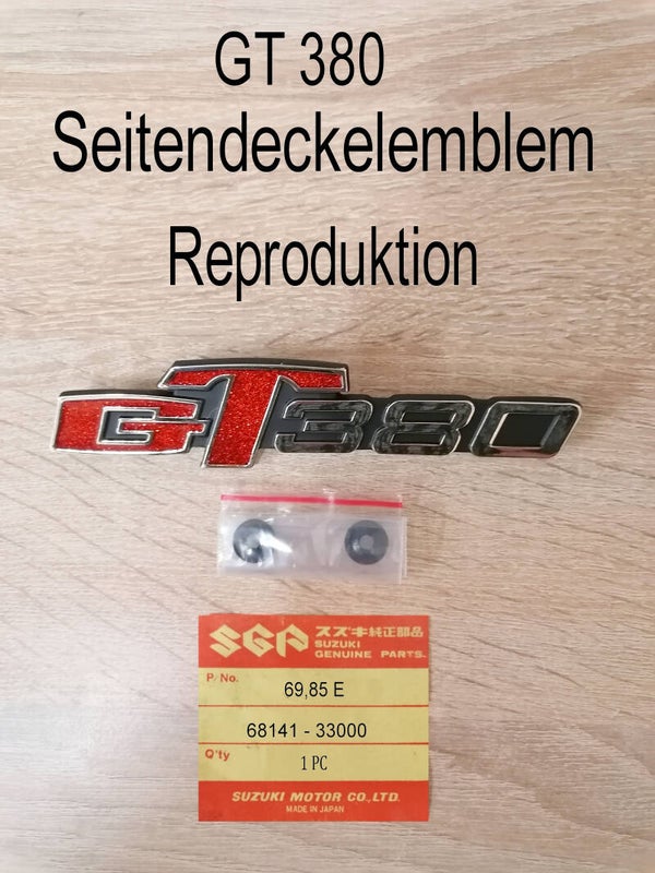 Suzuki GT 380 Seitendeckelemblem neu. Reproduktion