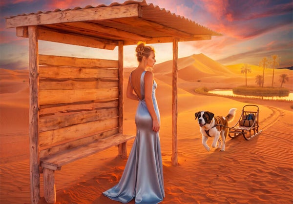 Haltestelle in der Wüste – Surrealer Kunstdruck