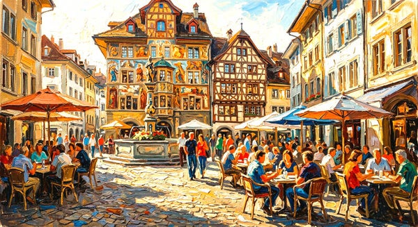 Lebendiger Luzerner Weinmarkt – Kunstdruck eines farbenfrohen Stadtmotivs