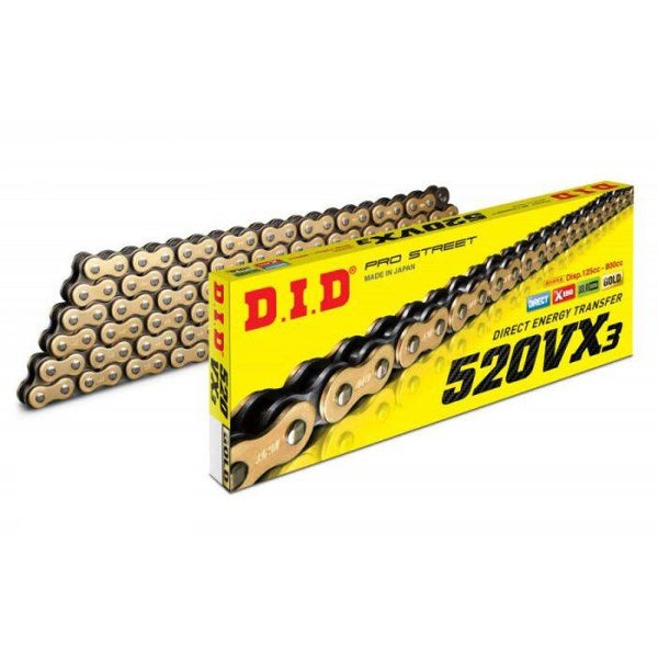 CADENA D.I.D 520VX3 GOLD 98 PASOS REFORZADA CON RETENES