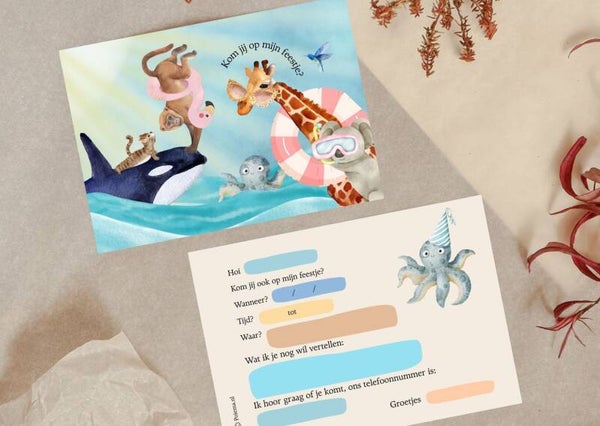 8 x Uitnodiging Kinderfeestje - Zeewater - met envelop
