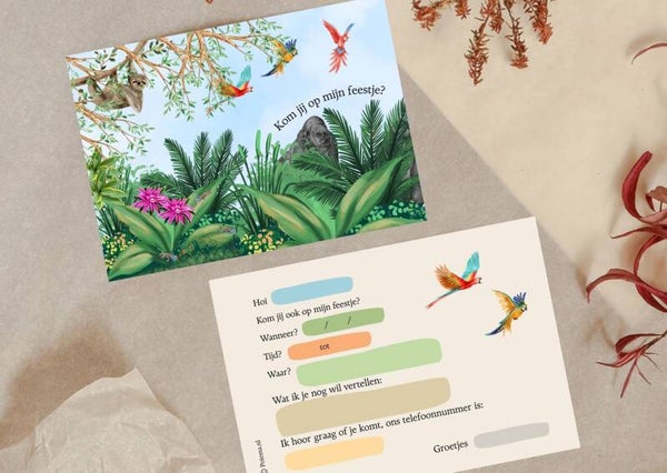 8 x Uitnodiging Kinderfeestje - Jungledieren - met envelop