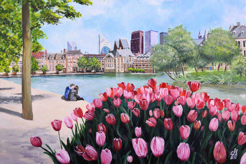 Titel; Hofvijver in bloei 50x70 cm, acryl op doek