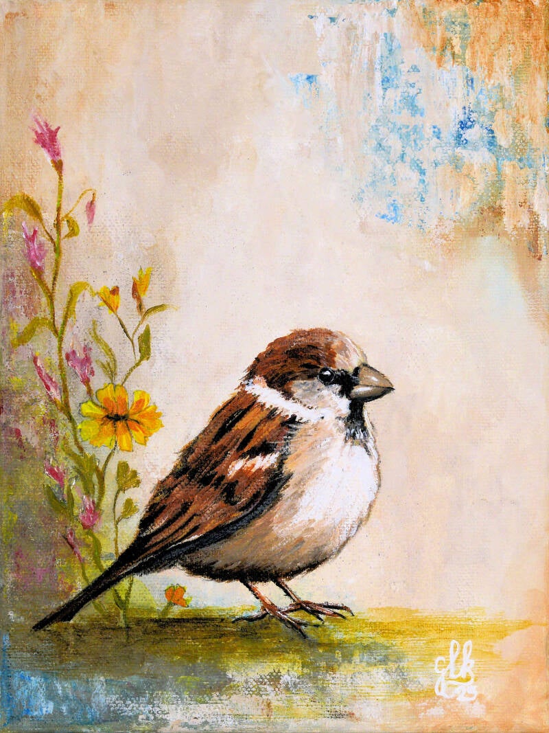 titel; Musje met bloemen - niet te koop