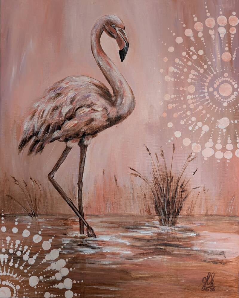 Flamingo in Balans. Acryl op doek 40x50 cm.