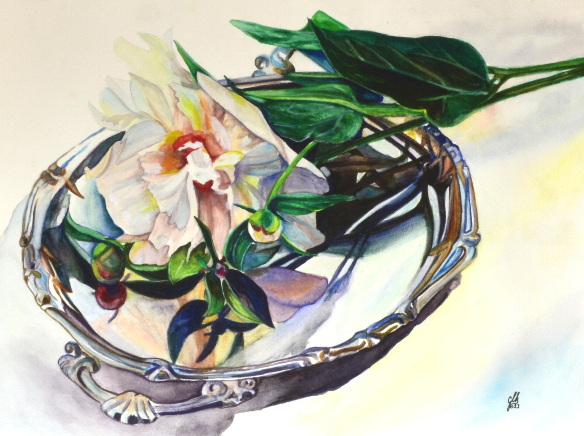 Witte bloem op zilveren dienblad – aquarel studie – 30x40 cm