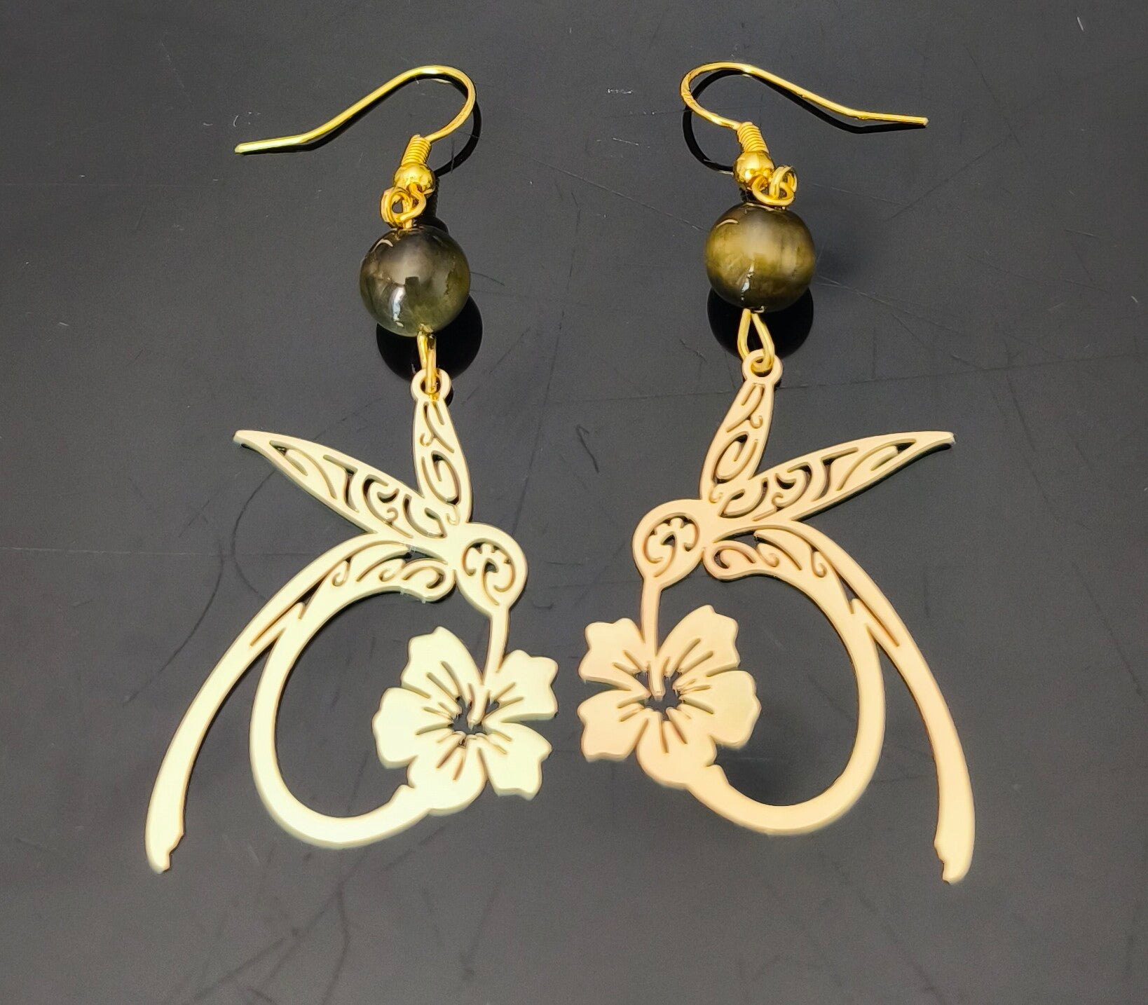 Boucle d'oreille colibri et oeil de tigre