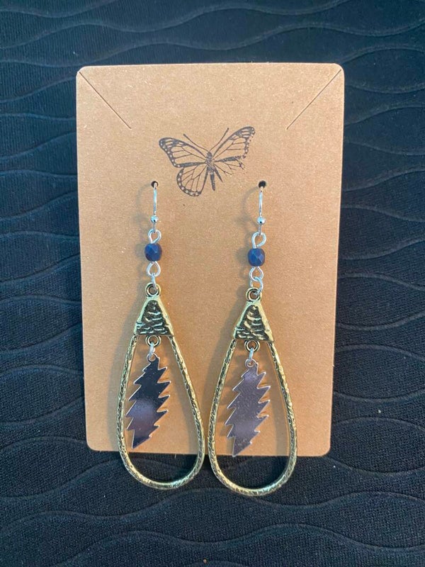 Gold long dangle hoop with silver bolt and bead