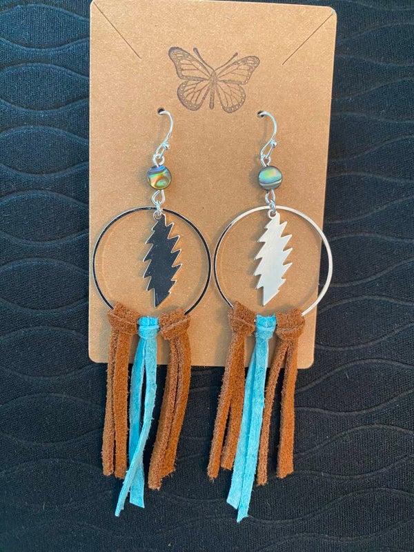 Silver hoops with leather, bolt and abalone