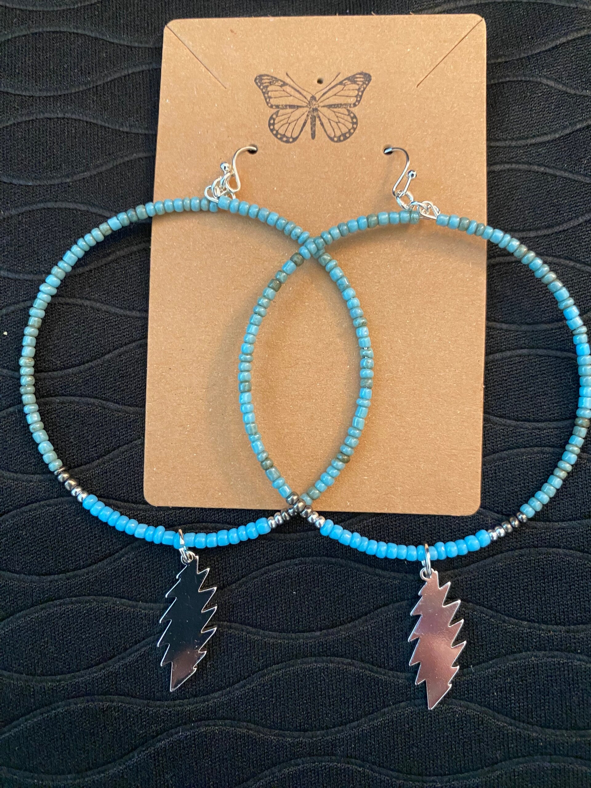 Blue Beaded Hoop Earrings w/ Bolt