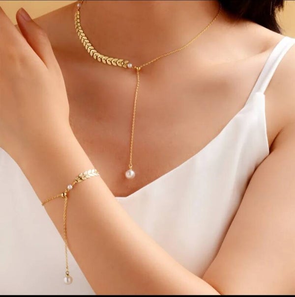 609 Set collar y pulsera hojas y perla