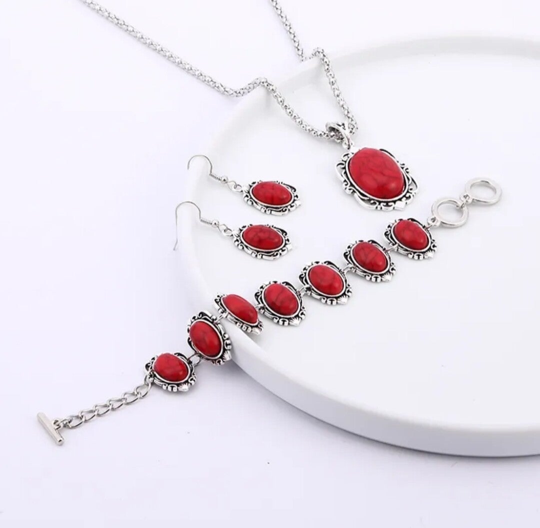 545 Set aretes, collar y pulsera rojo