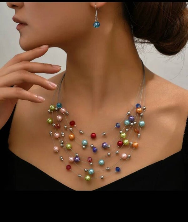 549 Set collar y aretes perlas multicolor